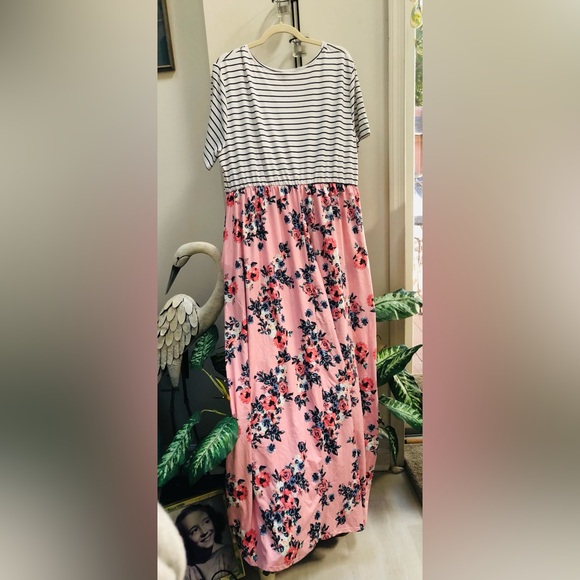 Striped and Floral Maxi Dress, Shoulder to Hem 58” - Picture 5 of 5